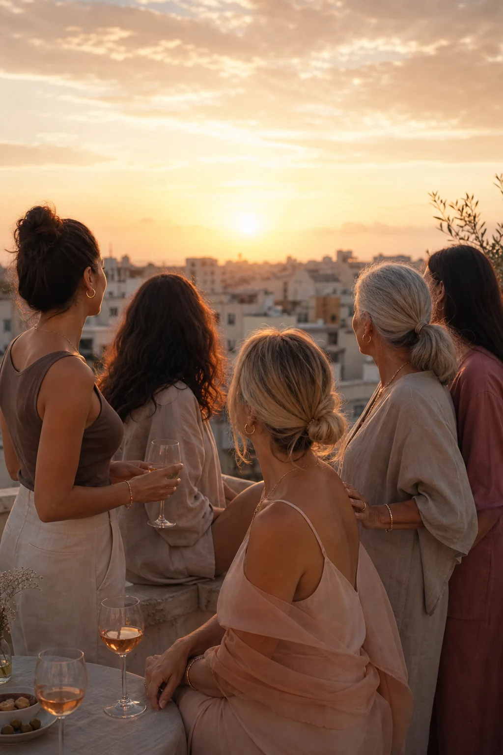 Women gathered on a rooftop at sunset, seen from behind in golden hour light