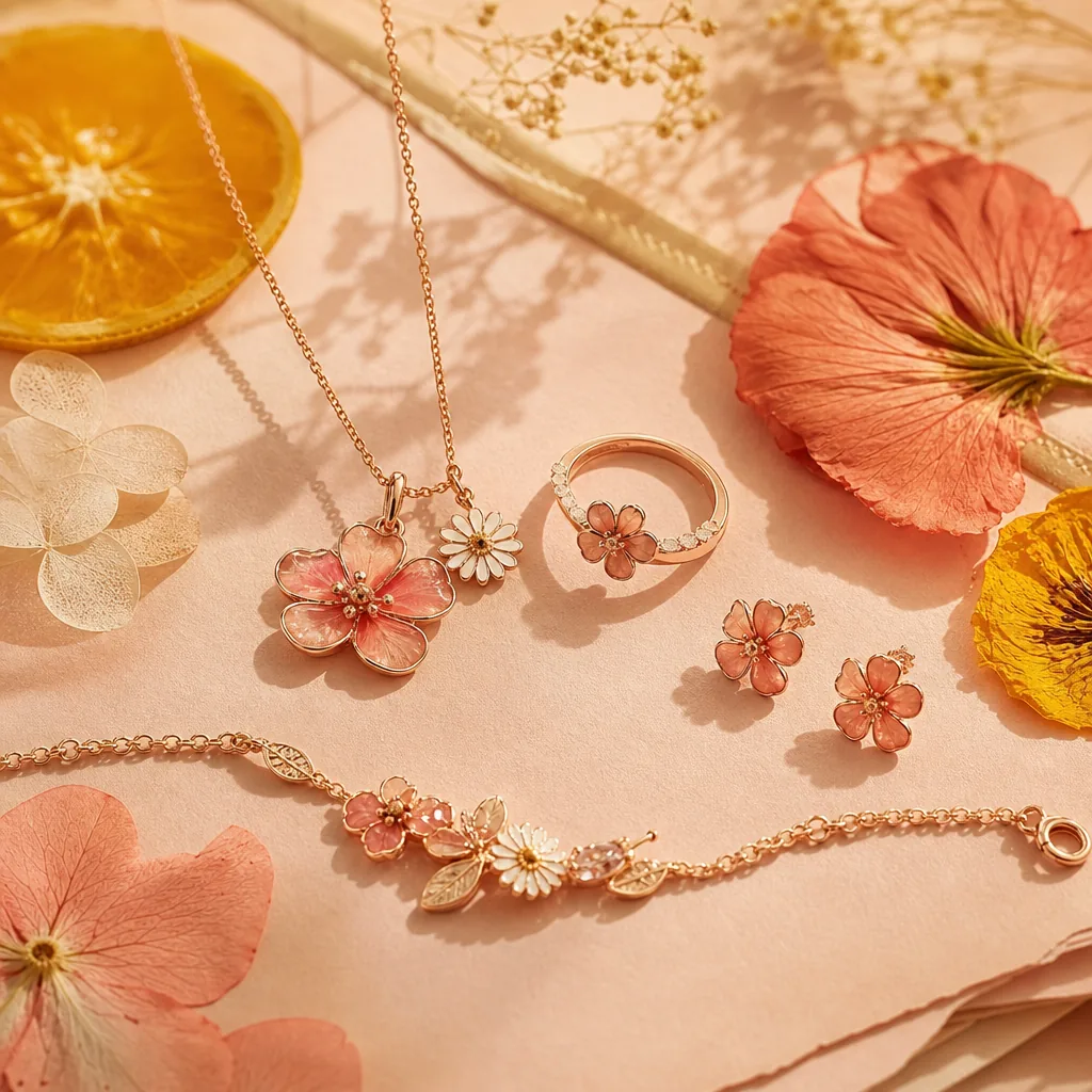 Rose-gold floral jewelry arranged with warm summer blossoms