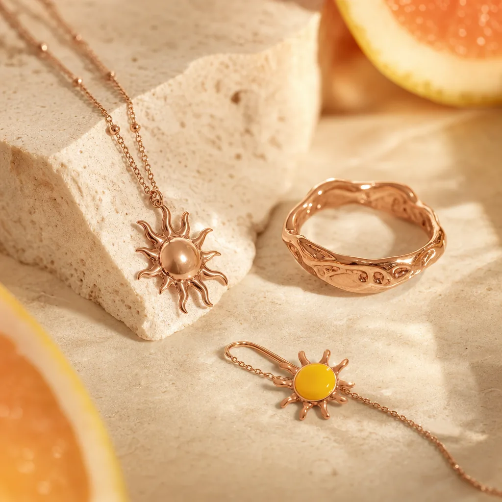 Rose-gold sunshine collection jewelry in golden-hour light