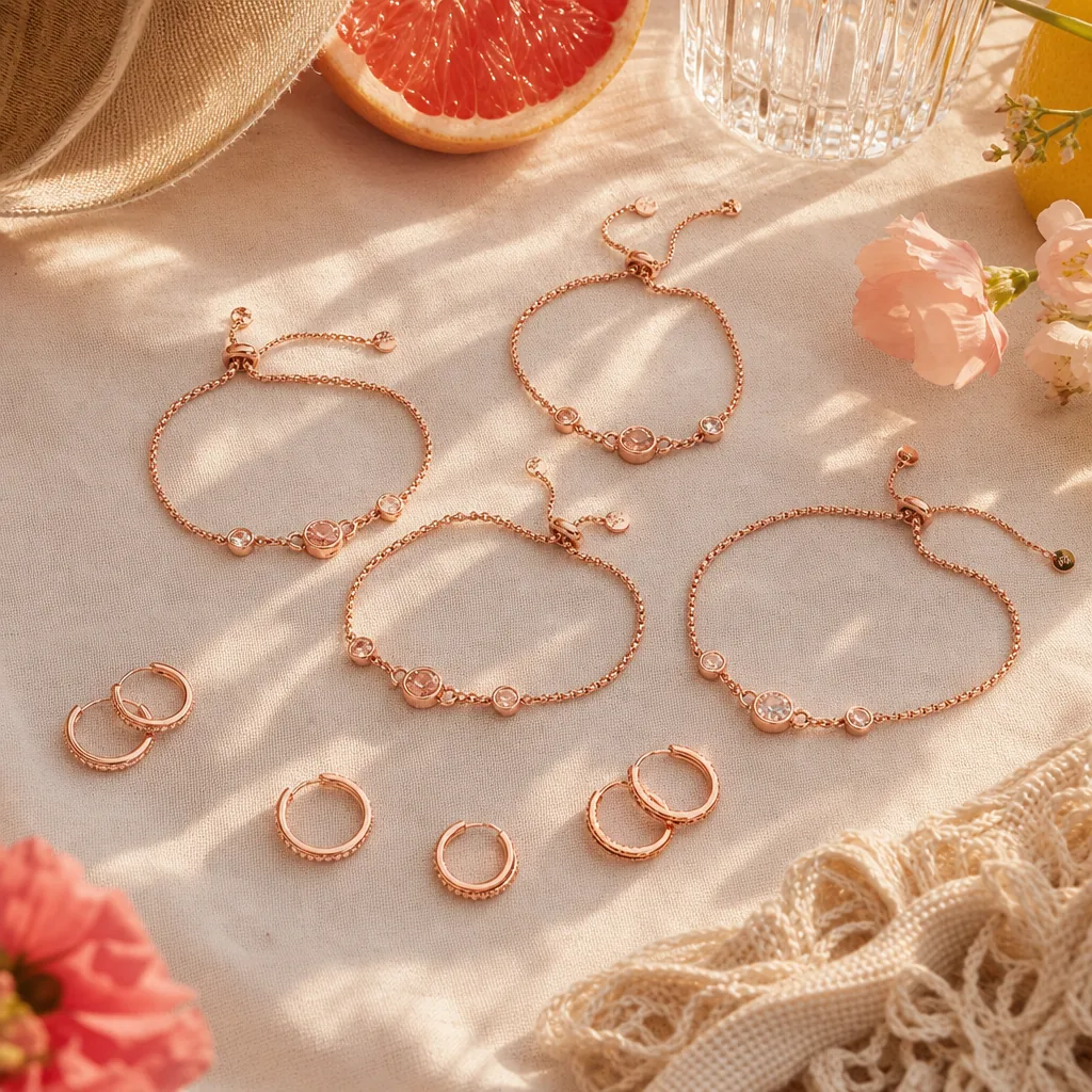 Matching rose-gold jewelry set arranged for group gifting