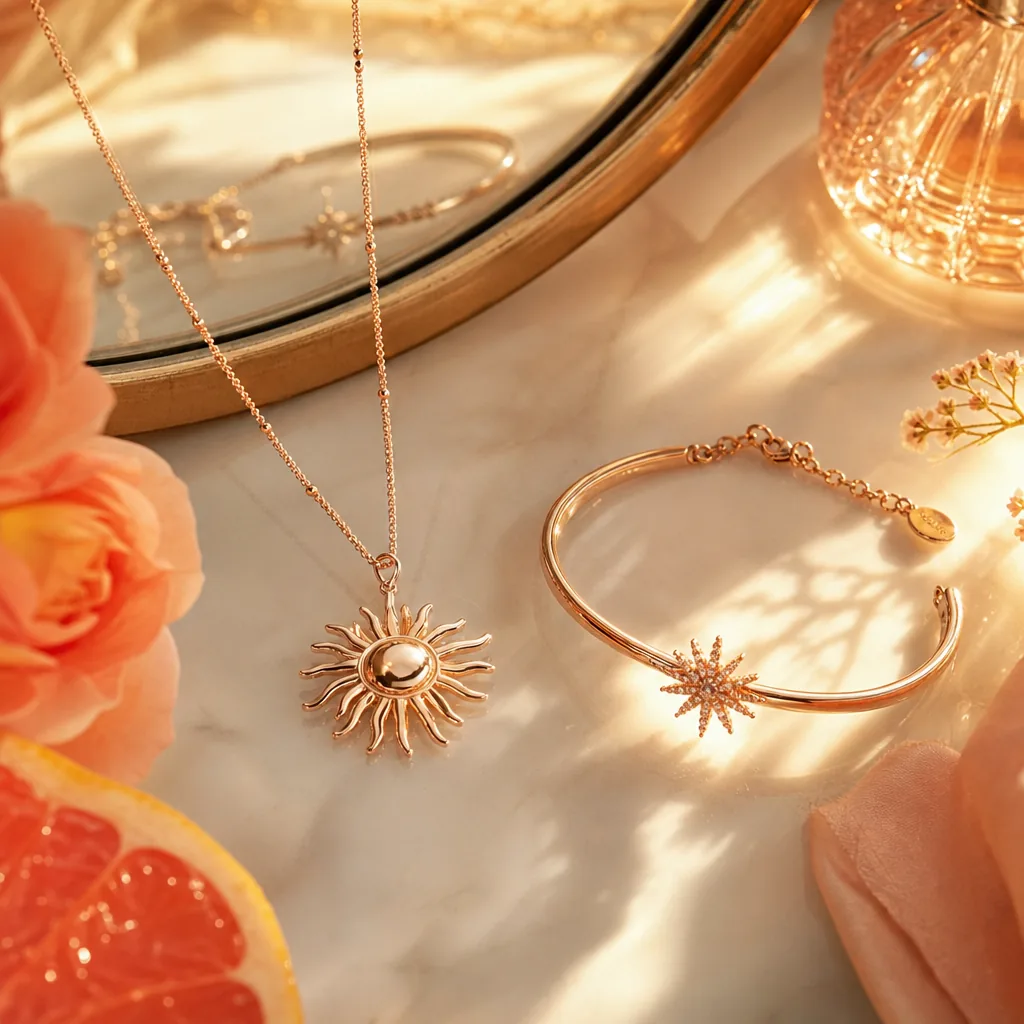 Statement rose-gold jewelry styled for a main character gift