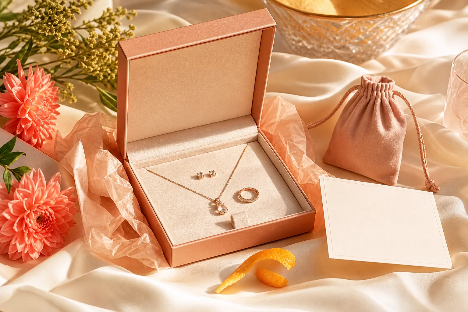 Rose-gold jewelry gift box unboxing with cream silk and citrus accents