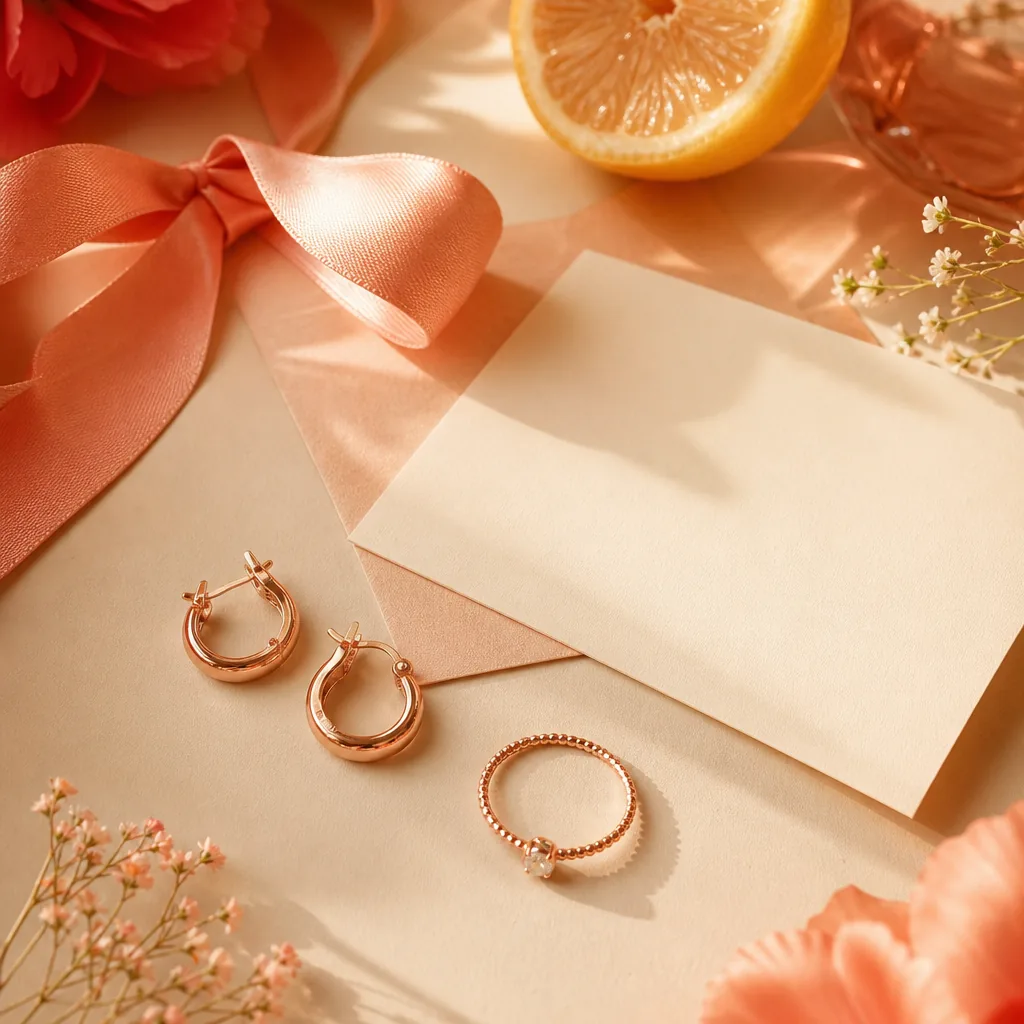 Rose-gold earrings and ring styled as an under $80 gift edit