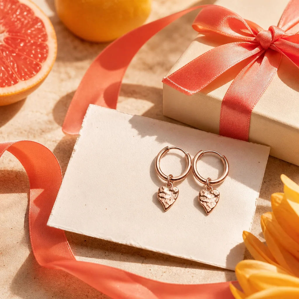 Best-friend birthday gift edit with rose-gold earrings and ribbon