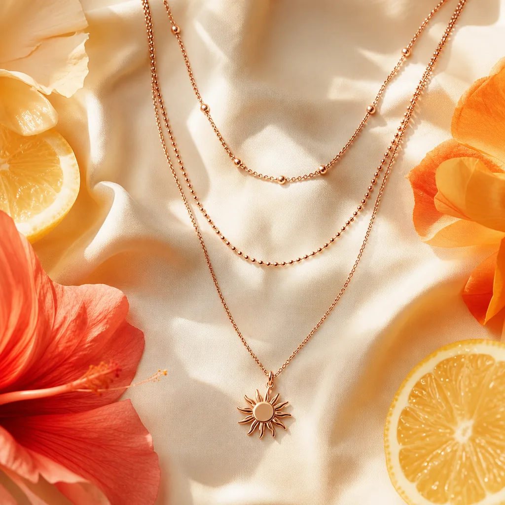 Layered rose-gold necklaces arranged on cream silk
