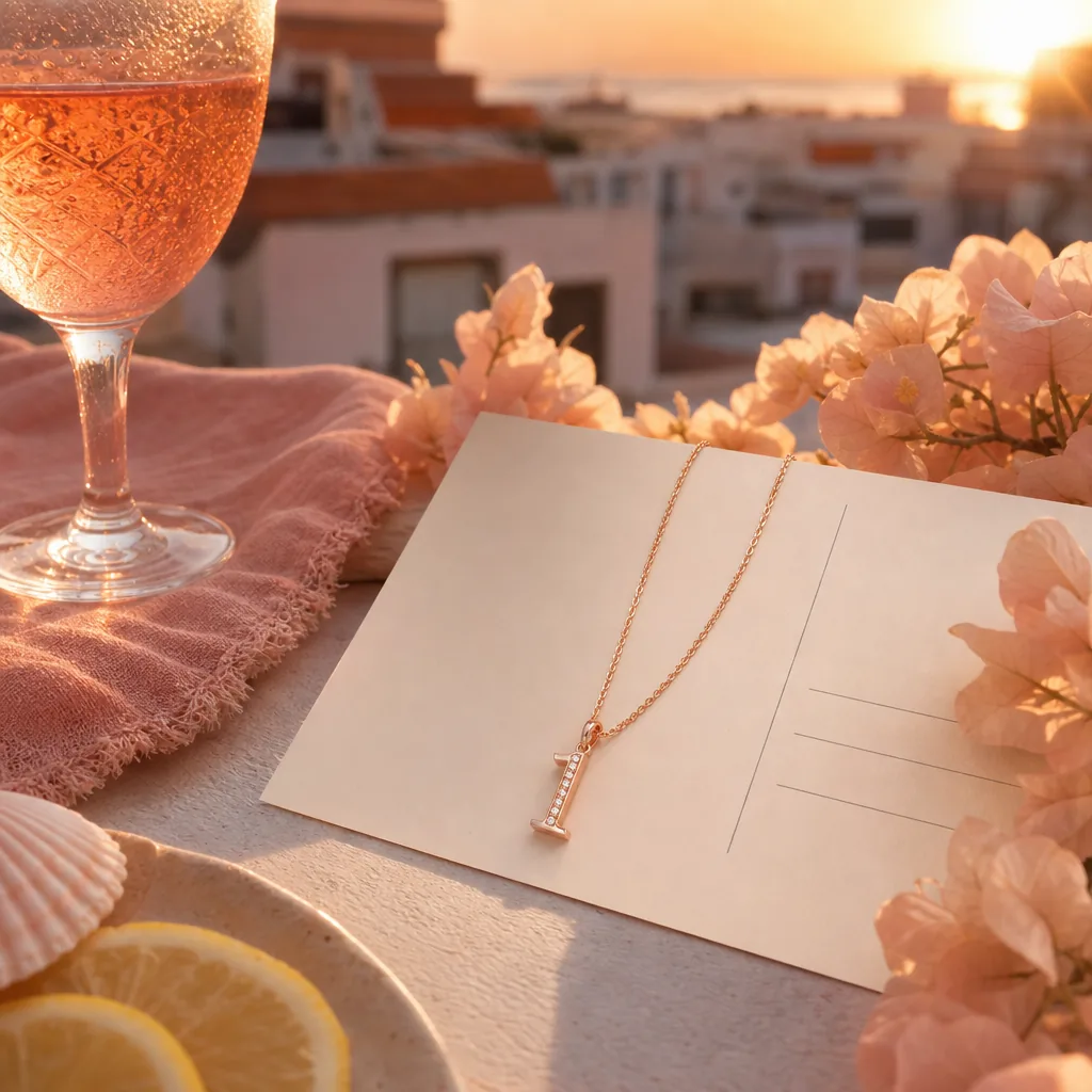 Rooftop summer letter still life with rose-gold jewelry at sunset