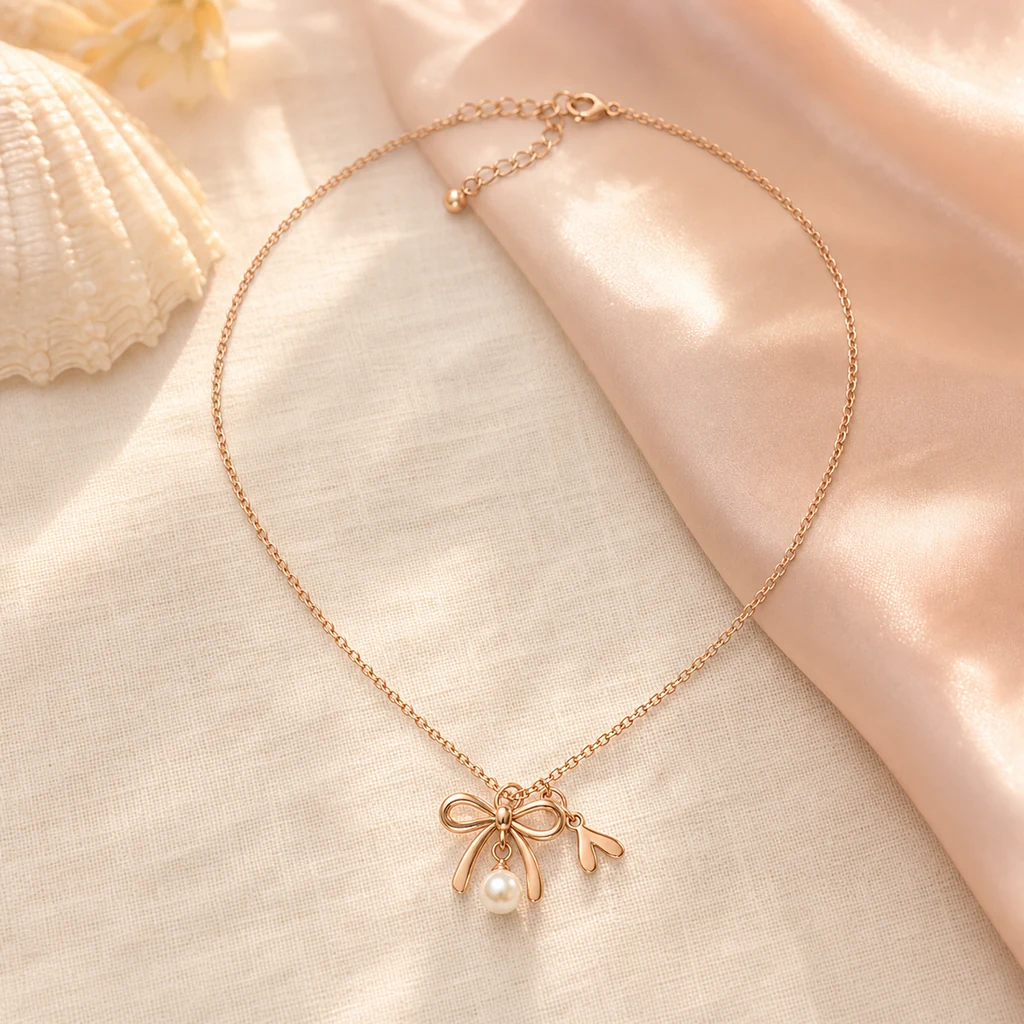 Rose-gold bow and pearl pendant necklace on blush satin