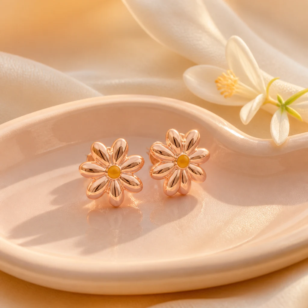 Daisy Glow Studs rose-gold daisy earrings on a blush ceramic dish