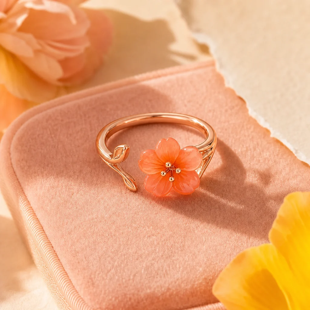 Forever Bloom Ring rose-gold flower ring on blush velvet