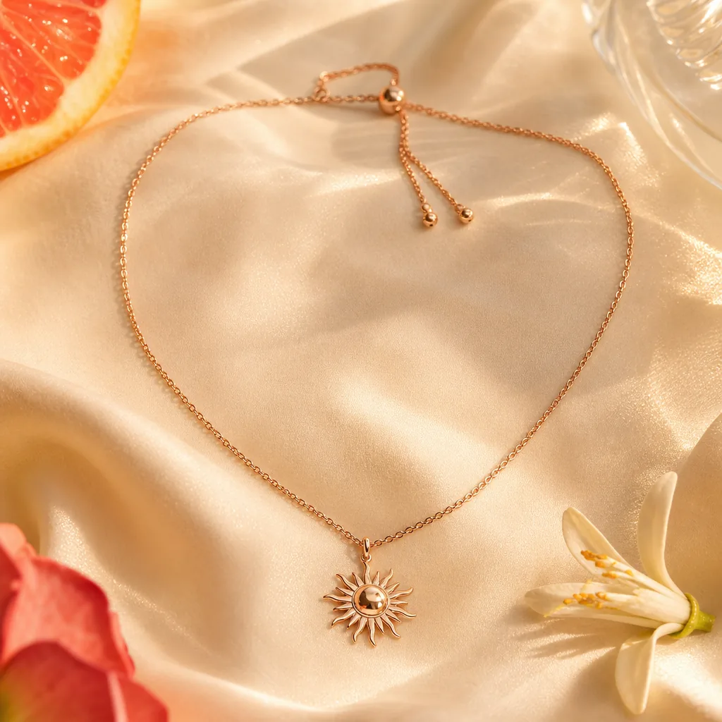 Golden Hour Necklace rose-gold sun charm pendant on cream silk