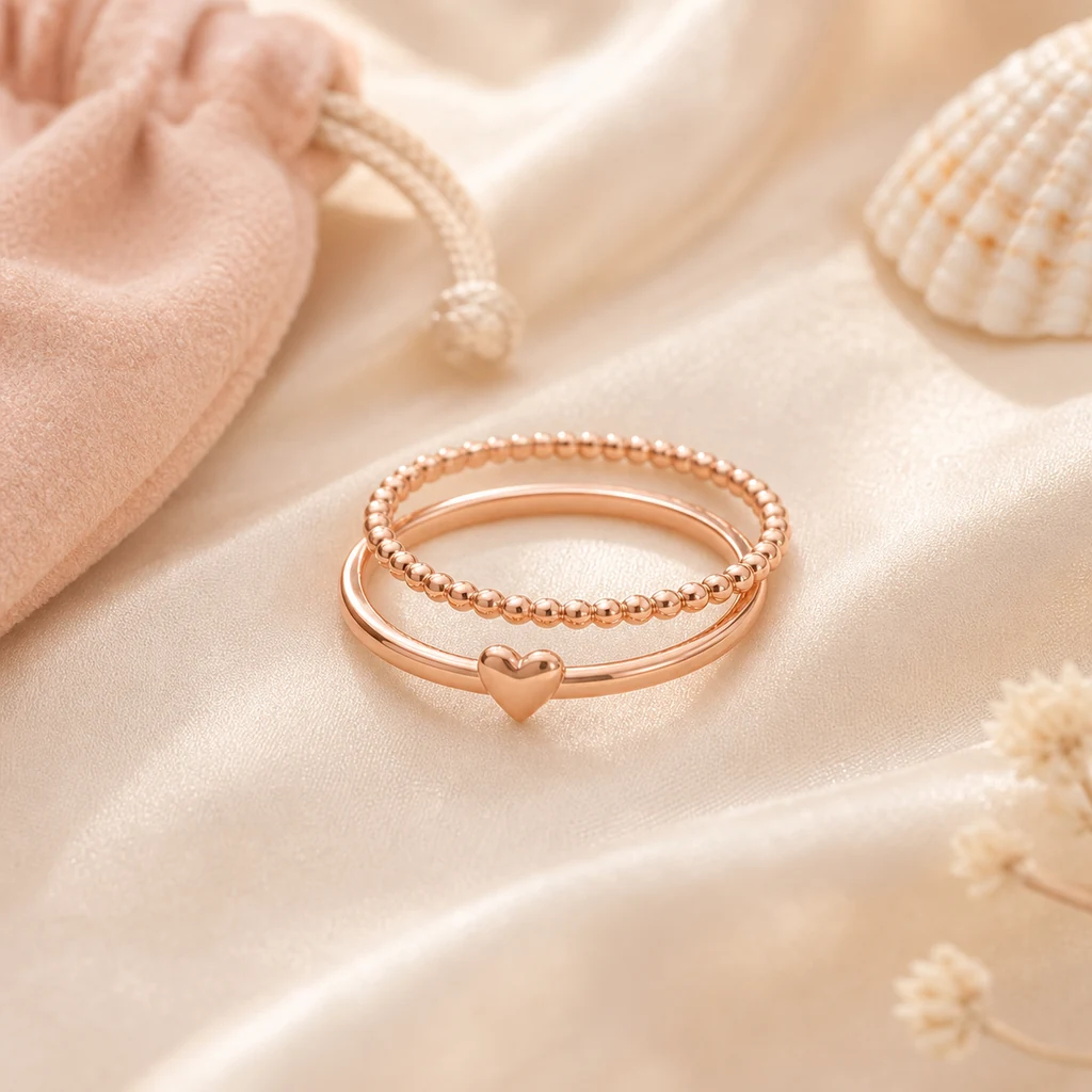 Heart Stack Rings rose-gold stacking rings with a tiny heart charm