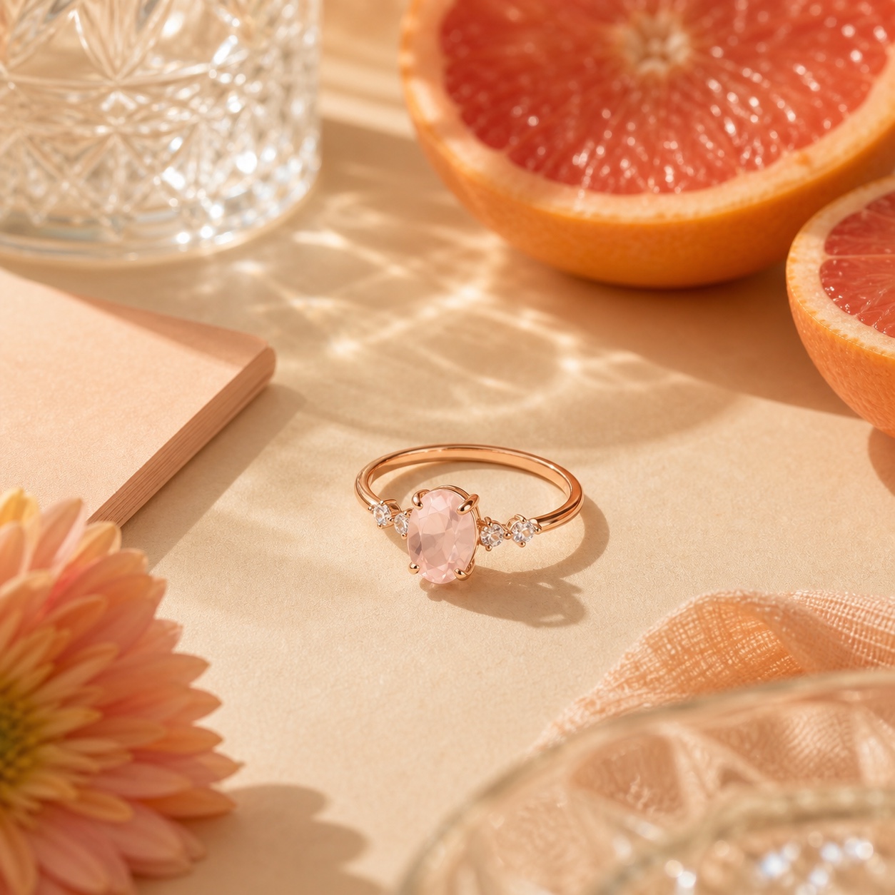 Pink Citrus Ring rose-gold oval pink crystal ring styled with grapefruit and sunlight
