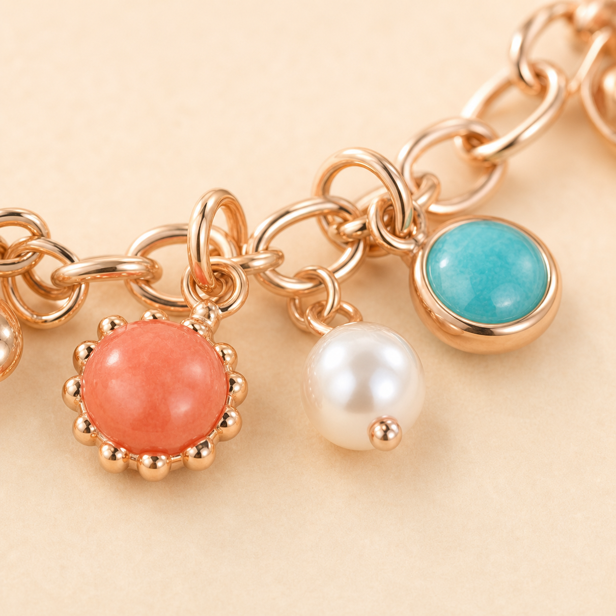 Summer Charm Bracelet coral pearl and turquoise charm detail