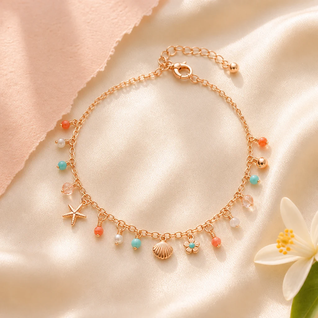 Rose-gold charm bracelet with coral and turquoise accents