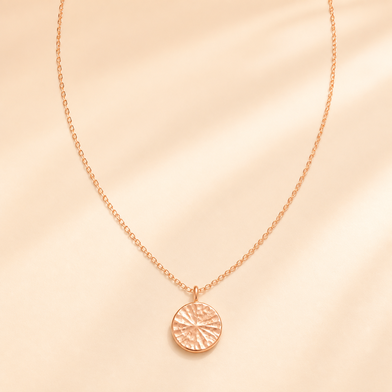 Sun Disc Necklace clean product photo on soft sunlit cream background