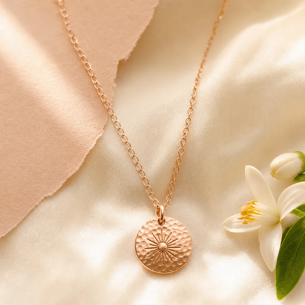 Rose-gold sun disc necklace on cream silk