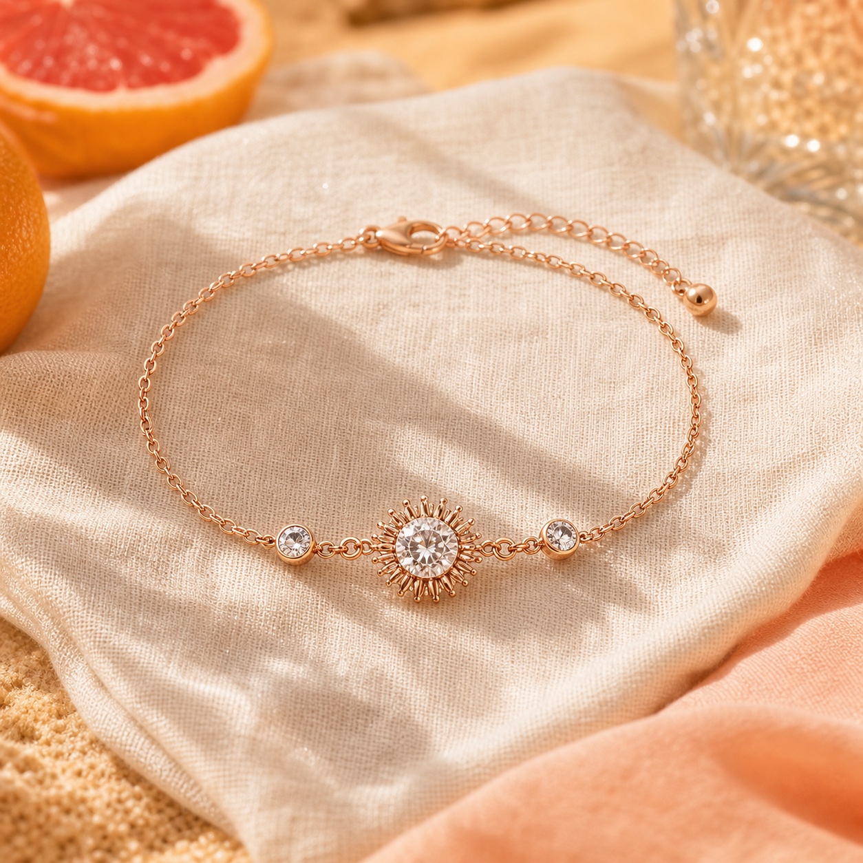 Sunburst Crystal Bracelet rose-gold chain with sunburst crystal charm on cream linen