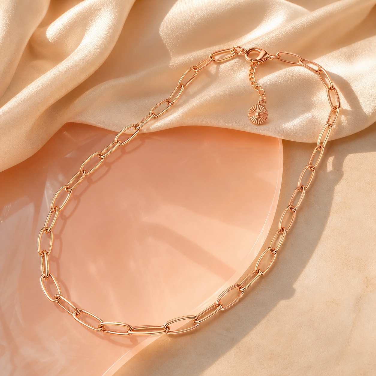 Sunset Link Necklace rose-gold paperclip chain on peach acrylic and cream silk