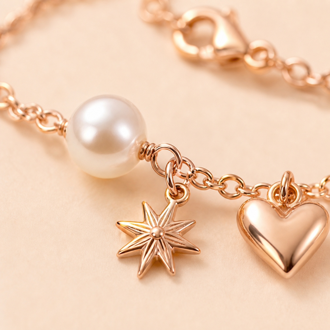Wild Heart Bracelet pearl and starburst charm detail