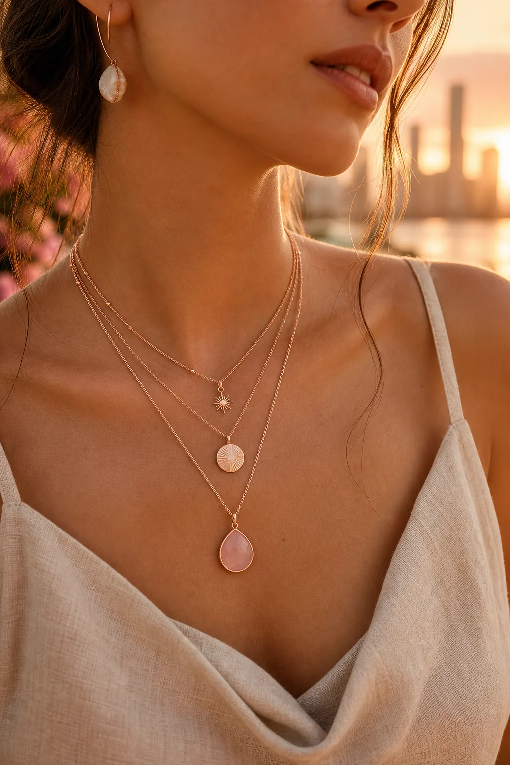 Editorial summer jewelry portrait with layered rose-gold necklaces