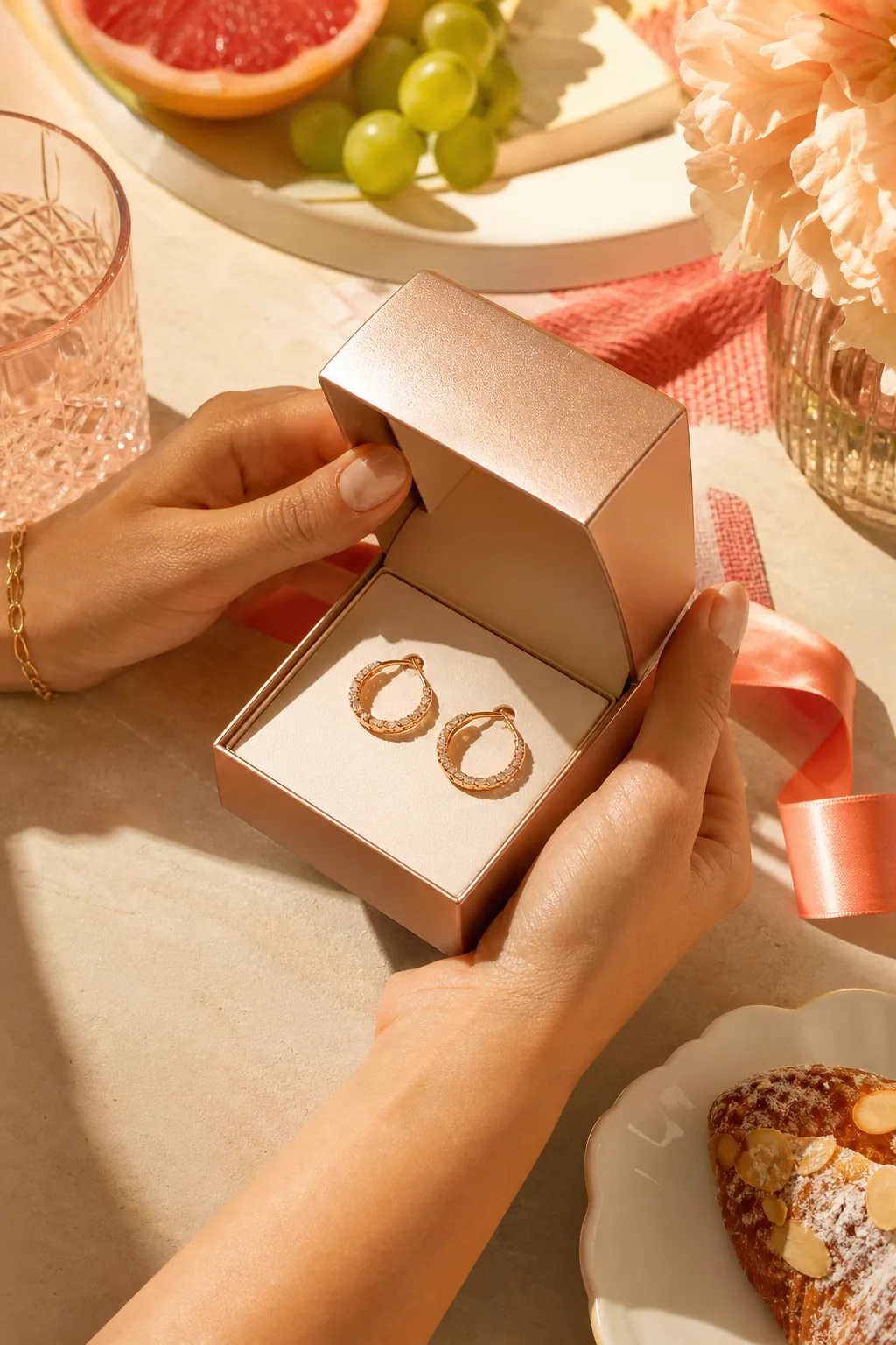 Opening a rose-gold jewelry gift box in warm brunch light