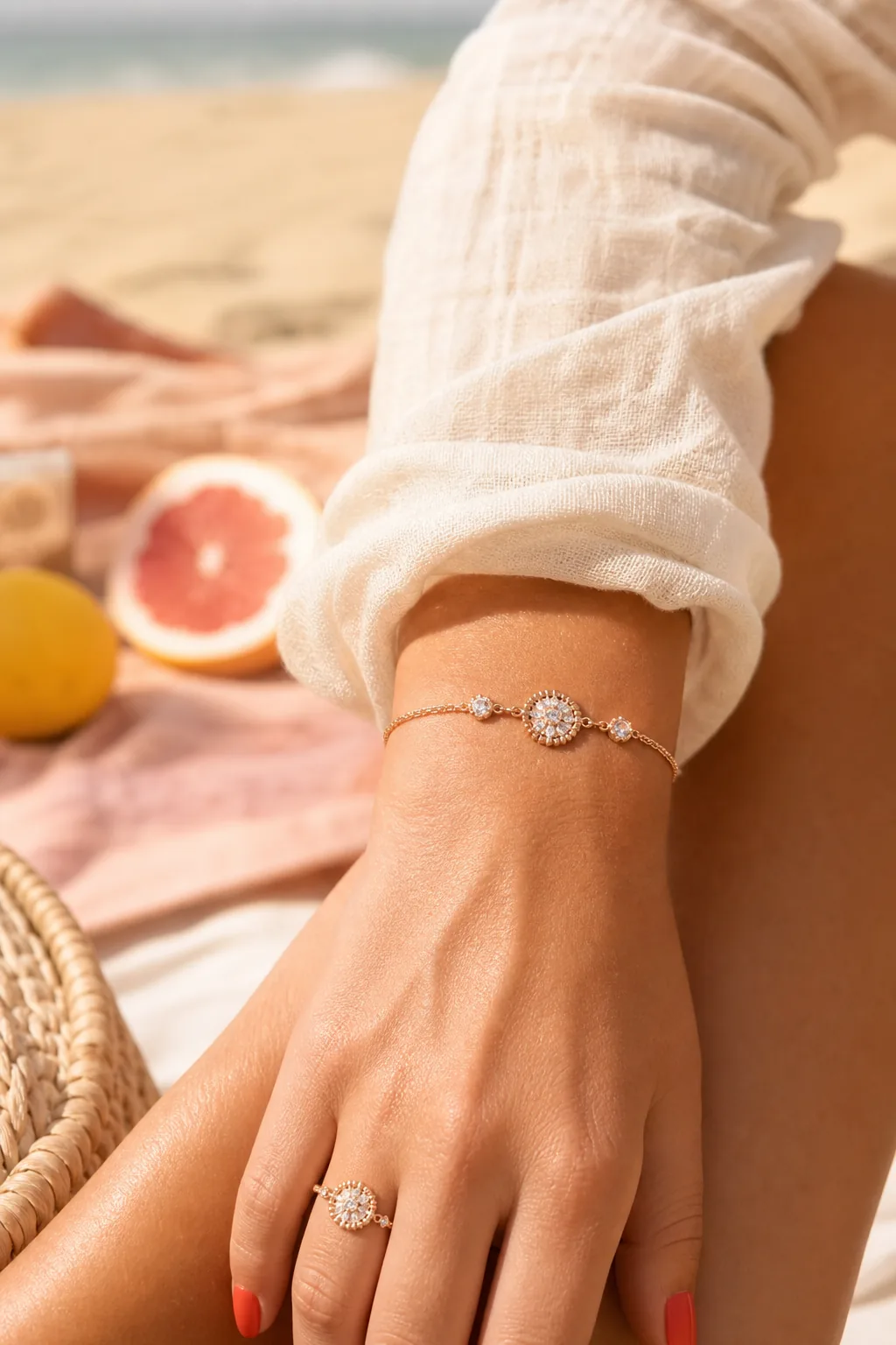 Beach morning rose-gold bracelet and ring in sunlight