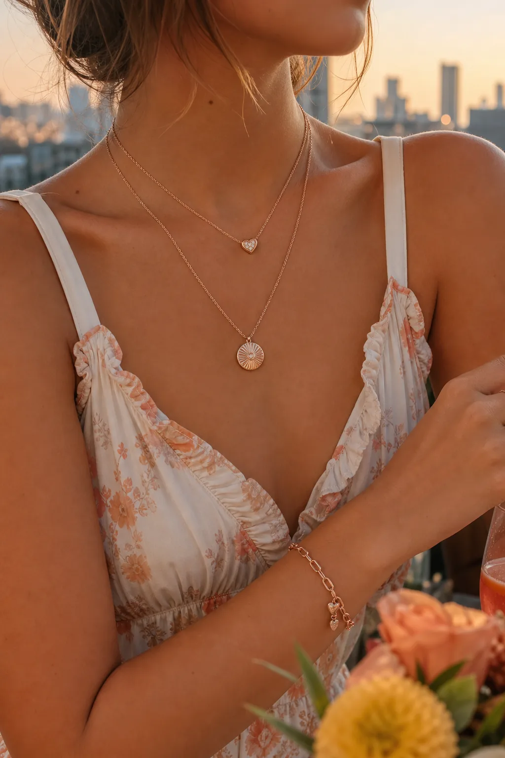 Rooftop summer outfit styled with rose-gold jewelry