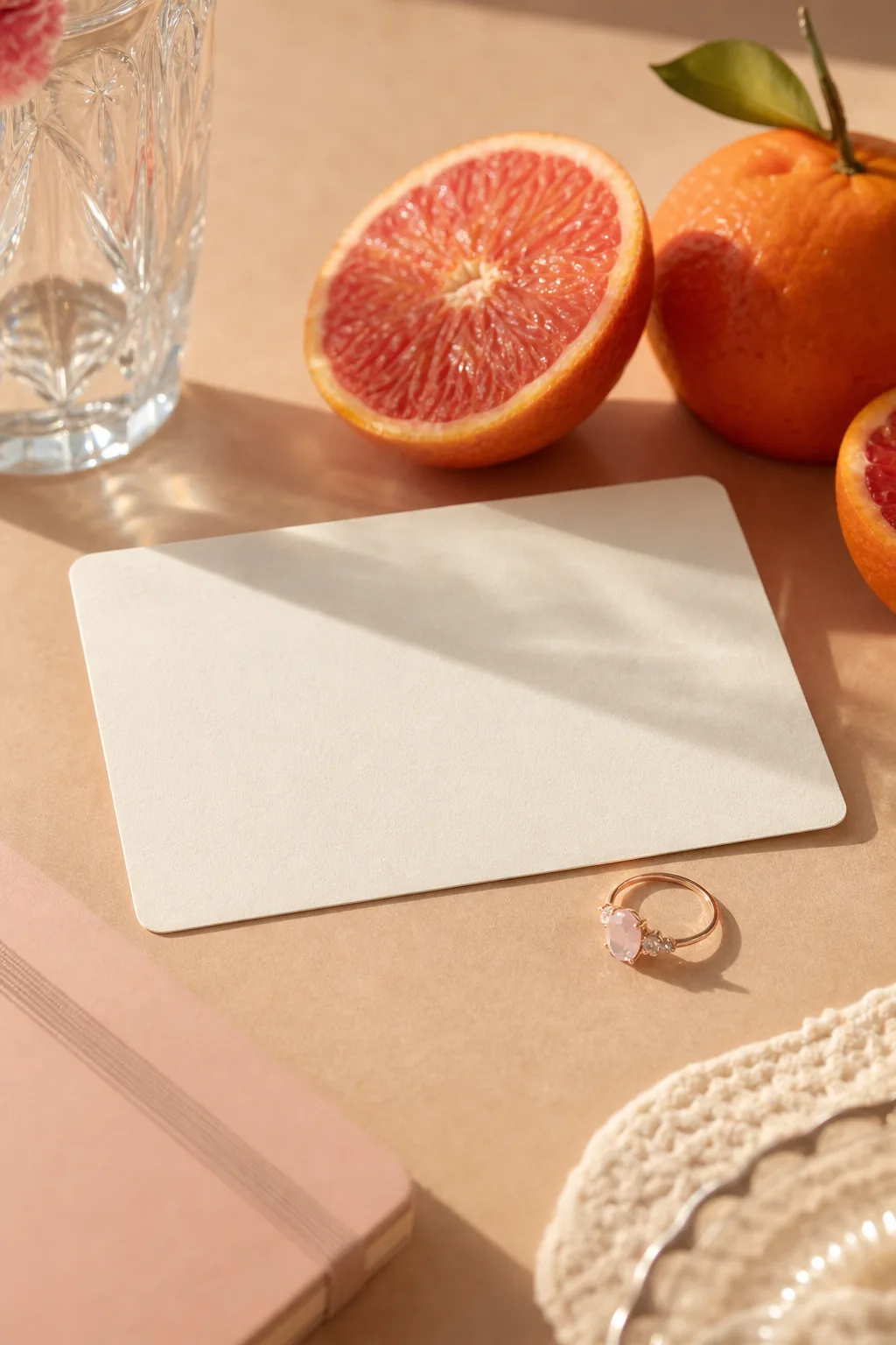 Summer letter desk scene with rose-gold ring and citrus